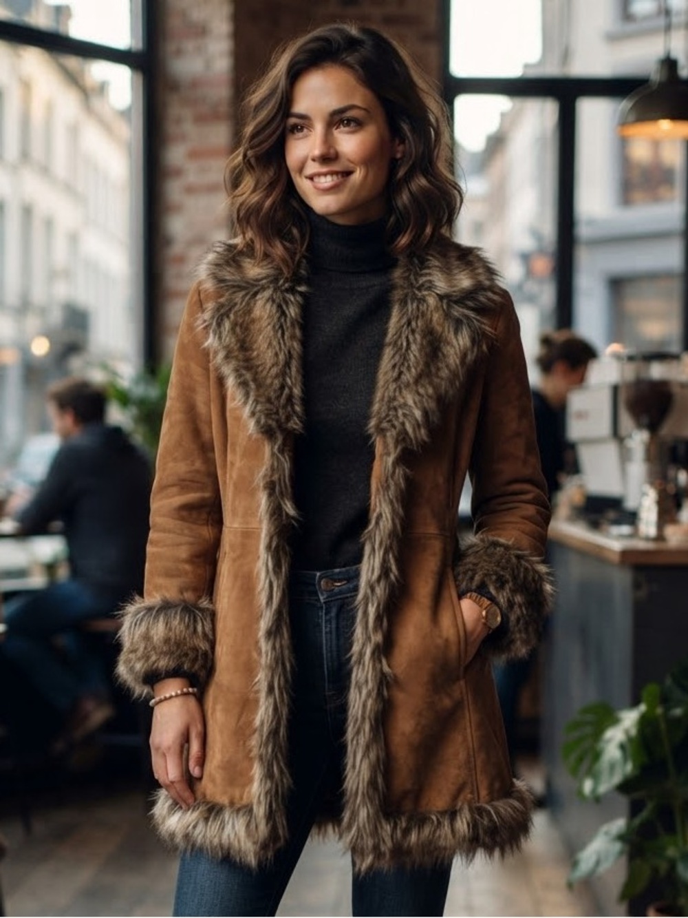 Wilsons Leather Women’s M Brown Suede Penny Lane Fur Trim Plush Shearling Coat